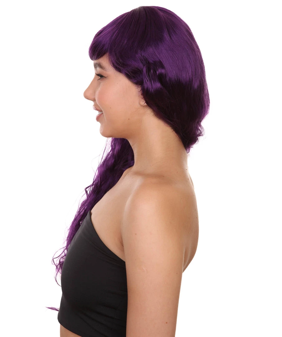 HPO 26" Long Wavy Womens Wig | Purple Halloween Wig | Premium Breathable Capless Cap Women's