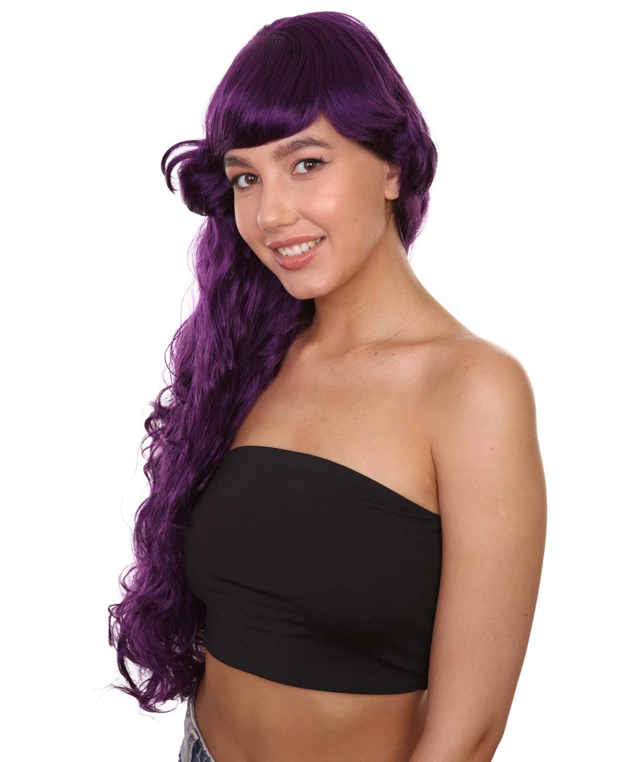 HPO 26" Long Wavy Womens Wig | Purple Halloween Wig | Premium Breathable Capless Cap Women's