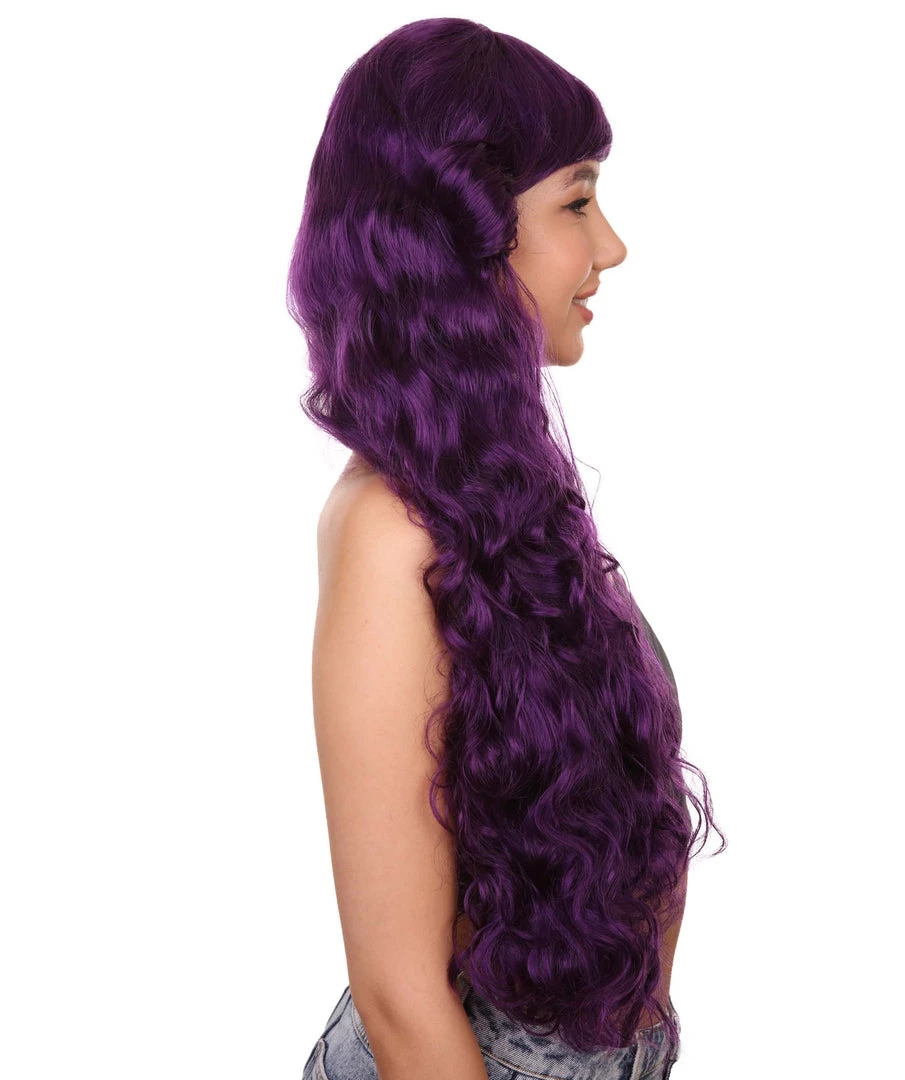 HPO 26" Long Wavy Womens Wig | Purple Halloween Wig | Premium Breathable Capless Cap Women's