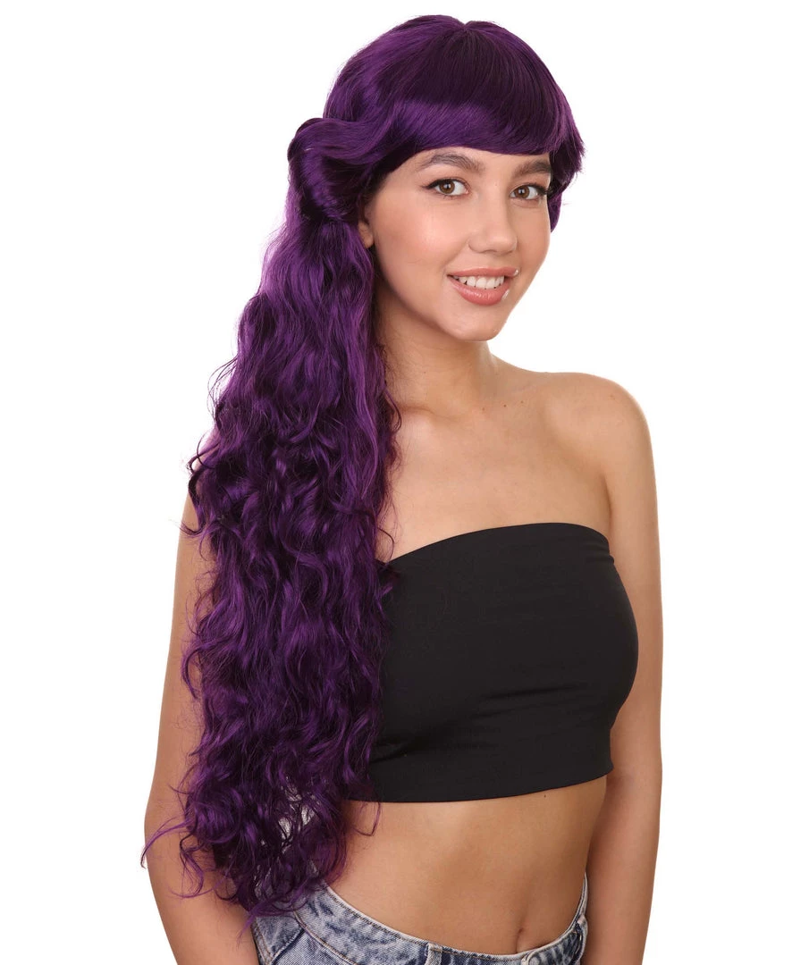 HPO 26" Long Wavy Womens Wig | Purple Halloween Wig | Premium Breathable Capless Cap Women's