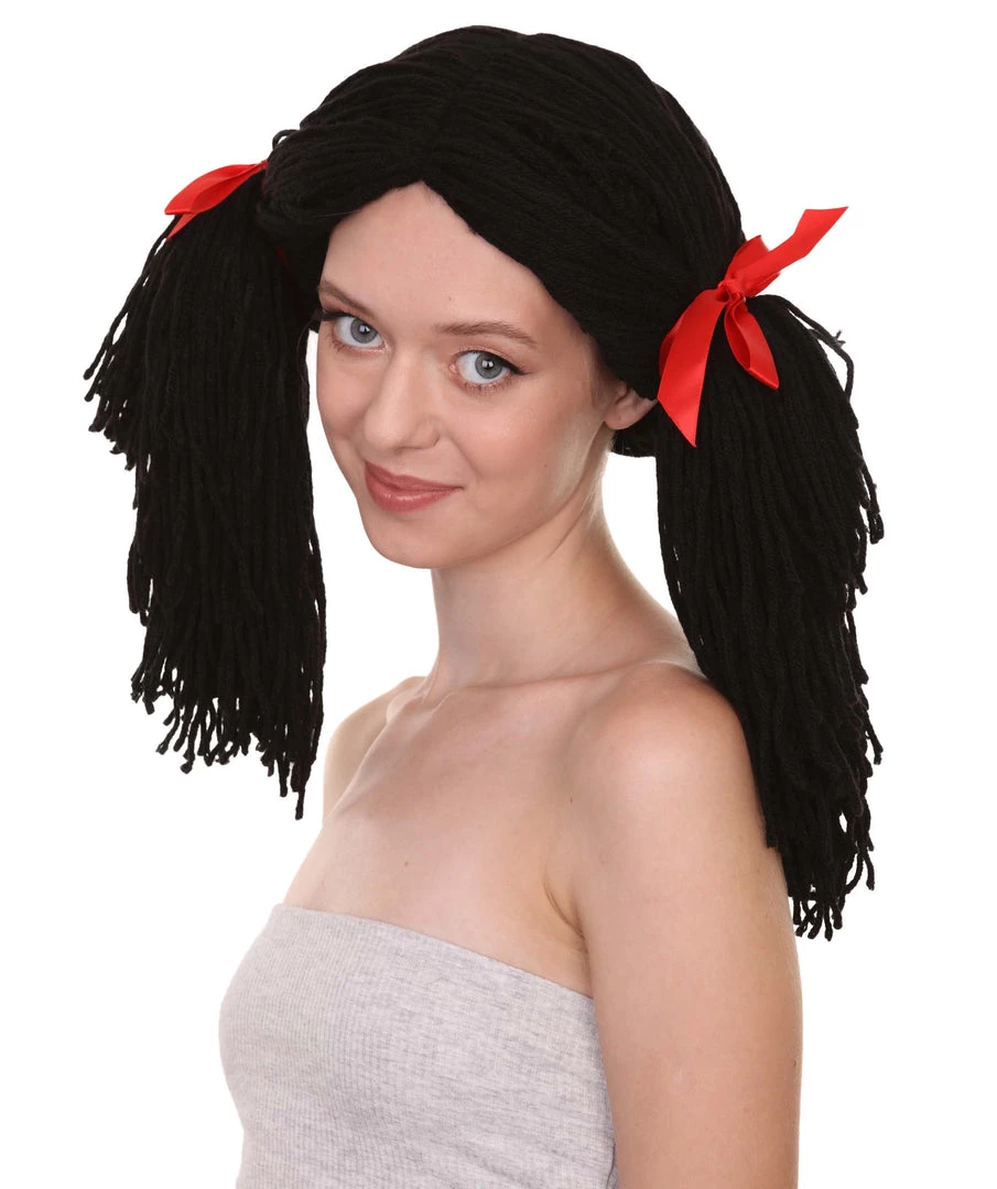 HPO Women's Gothic Rag Doll Womens Wig | Horror Halloween Wig With Red Ribbon | Premium Breathable Capless Cap