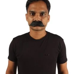 HPO Mens Black Medium Banker Mustache With Styled Ends - Stage Ready Mustache Perfect For Cosplay, Drag, And Performance