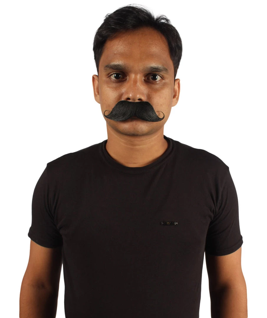 HPO Mens Black Medium Banker Mustache With Styled Ends - Stage Ready Mustache Perfect For Cosplay, Drag, And Performance