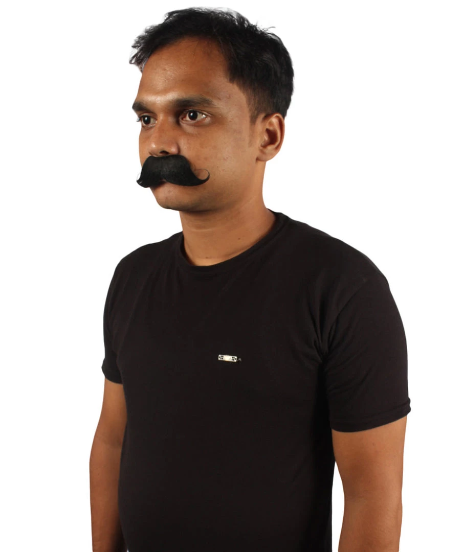 HPO Mens Black Medium Banker Mustache With Styled Ends - Stage Ready Mustache Perfect For Cosplay, Drag, And Performance