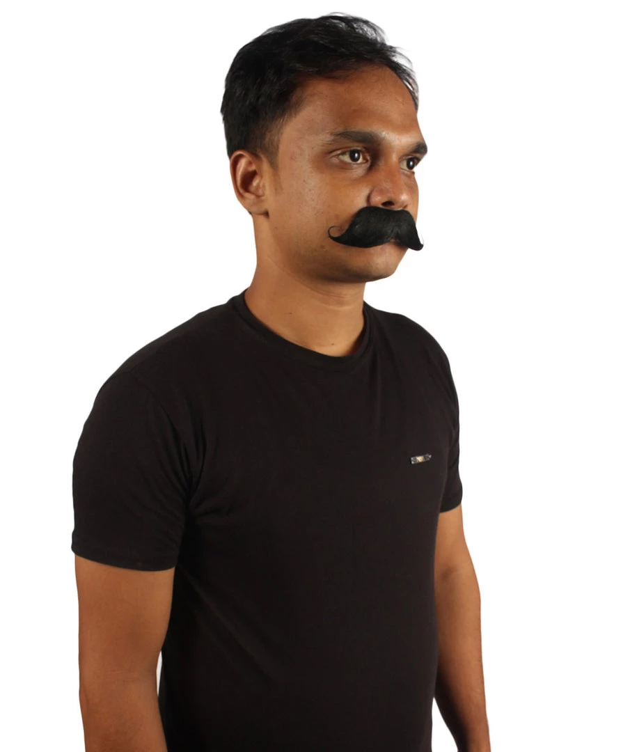 HPO Mens Black Medium Banker Mustache With Styled Ends - Stage Ready Mustache Perfect For Cosplay, Drag, And Performance