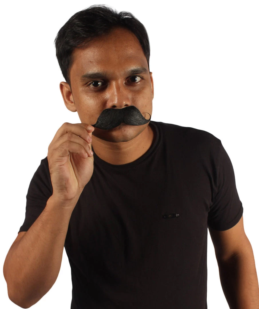 HPO Mens Black Medium Banker Mustache With Styled Ends - Stage Ready Mustache Perfect For Cosplay, Drag, And Performance