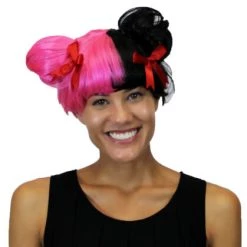 HPO Singer Double Bun Womens Wig | Hot Pink & Black Wig | Premium Breathable Capless Cap Men's