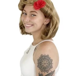 HPO Womens Pin Up Wig With Rose | Party Ready Fancy Blonde Cosplay Halloween Wig | Premium Breathable Capless Cap