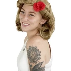 HPO Womens Pin Up Wig With Rose | Party Ready Fancy Blonde Cosplay Halloween Wig | Premium Breathable Capless Cap