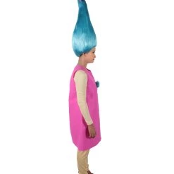 HPO Women's Long Length Halloween Animated Blue Pop Troll Pink Bow Wig With Costume