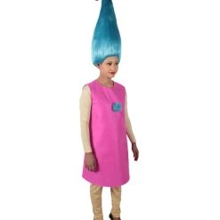 HPO Women's Long Length Halloween Animated Blue Pop Troll Pink Bow Wig With Costume