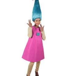 HPO Women's Long Length Halloween Animated Blue Pop Troll Pink Bow Wig With Costume
