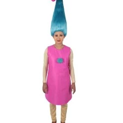 HPO Women's Long Length Halloween Animated Blue Pop Troll Pink Bow Wig With Costume