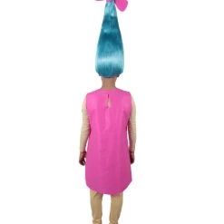 HPO Women's Long Length Halloween Animated Blue Pop Troll Pink Bow Wig With Costume