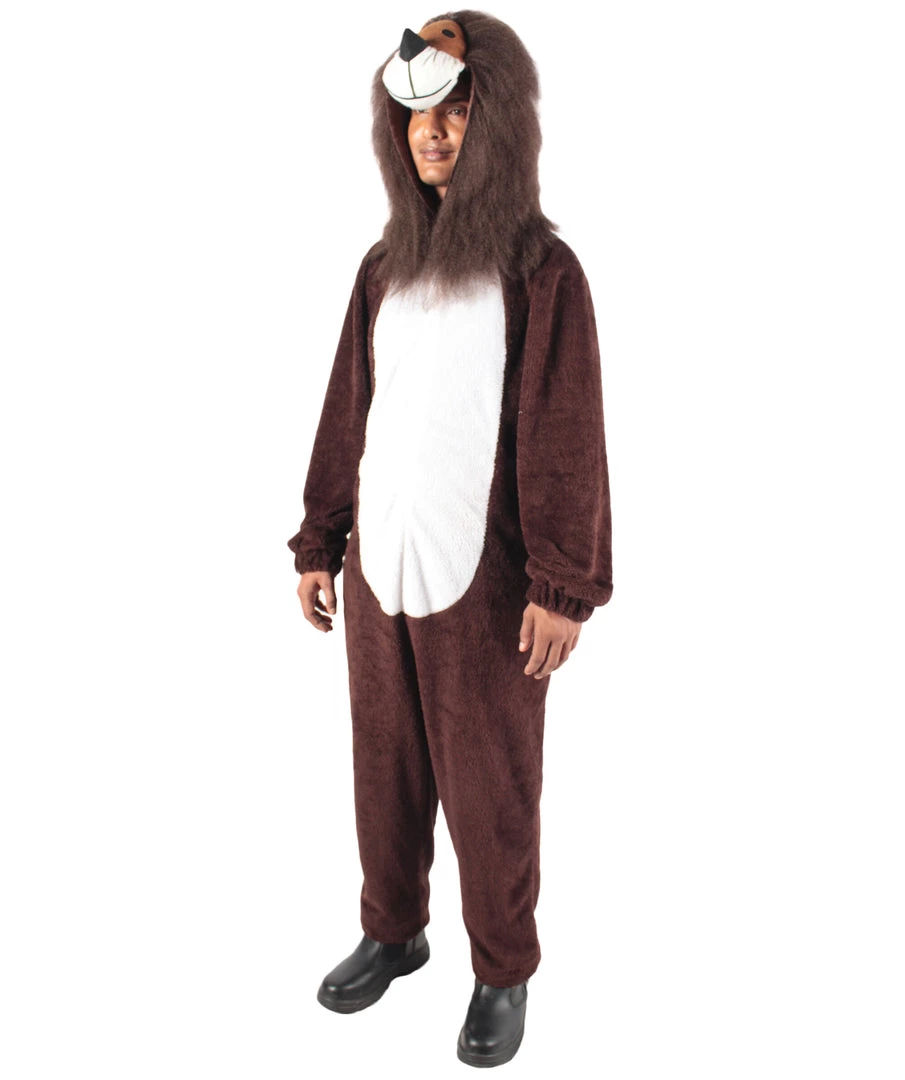 HPO Men's Adult Unisex Brown & White Straight Long Jumpsuit Lion Costume Bundle