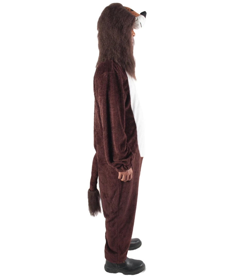 HPO Men's Adult Unisex Brown & White Straight Long Jumpsuit Lion Costume Bundle