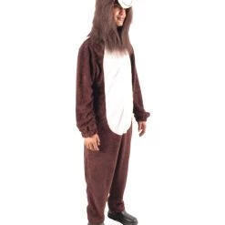 HPO Men's Adult Unisex Brown & White Straight Long Jumpsuit Lion Costume Bundle