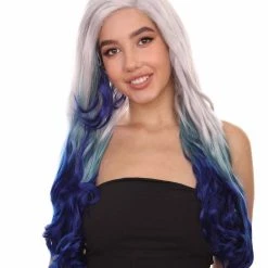 Adult Women's 27" Inch Long Length Wavy C-Part Lace Natural Blue White Ombre Hairline Icon Beauty Wig, 100% Heat Resistant Fibers, Perfect For Your Everyday Wear And Styling To Your Expectations! | Nunique