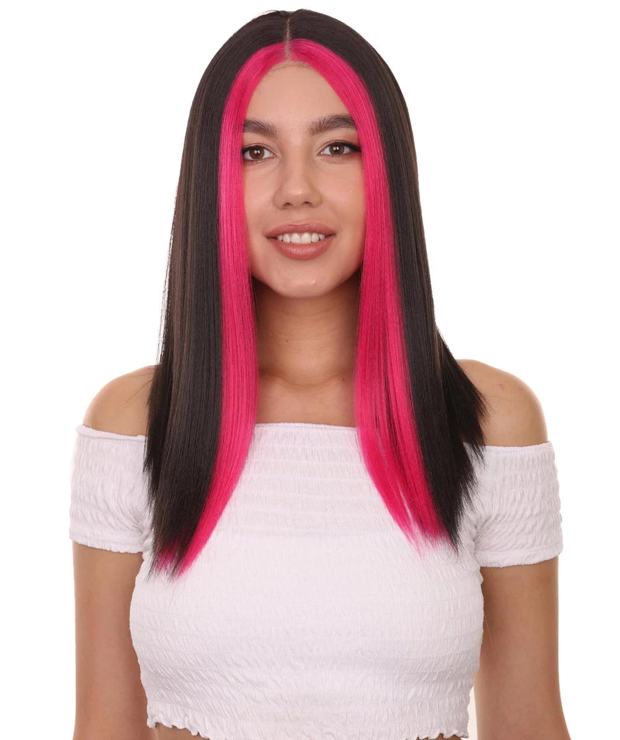 Adult Women's 18" Inch Long Length Straight 4x4 Lace Front Red Highlights Black Natural Hairline Wig, 100% Heat Resistant Fibers, Perfect For Your Everyday Wear And Styling To Your Expectations! | Nunique