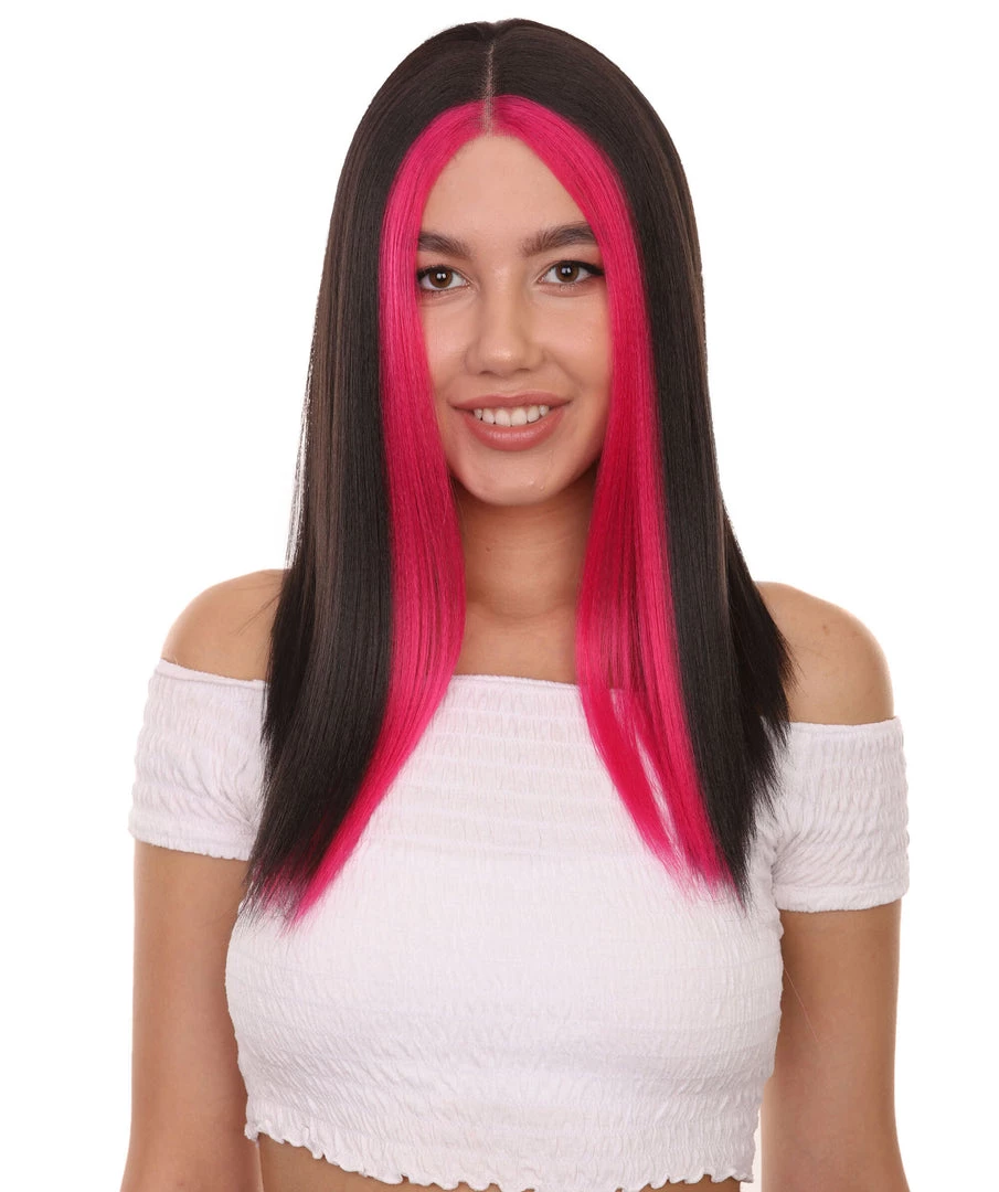 Adult Women's 18" Inch Long Length Straight 4x4 Lace Front Red Highlights Black Natural Hairline Wig, 100% Heat Resistant Fibers, Perfect For Your Everyday Wear And Styling To Your Expectations! | Nunique