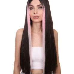 Adult Women's 26" Inch Long Length Straight 360 Lace Front Natural Black Pink Highlight Icon Beauty Wig, 100% Heat Resistant Fibers, Perfect For Your Everyday Wear And Styling To Your Expectations! | Nunique