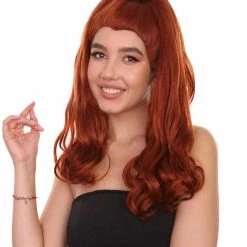 Adult Women's 20" Inch Long Length Wavy 360 Lace Front Natural Red Head Hairline Wig With Black Hair-Bow, 100% Heat Resistant Fibers, Perfect For Your Everyday Wear And Styling To Your Expectations! | Nunique