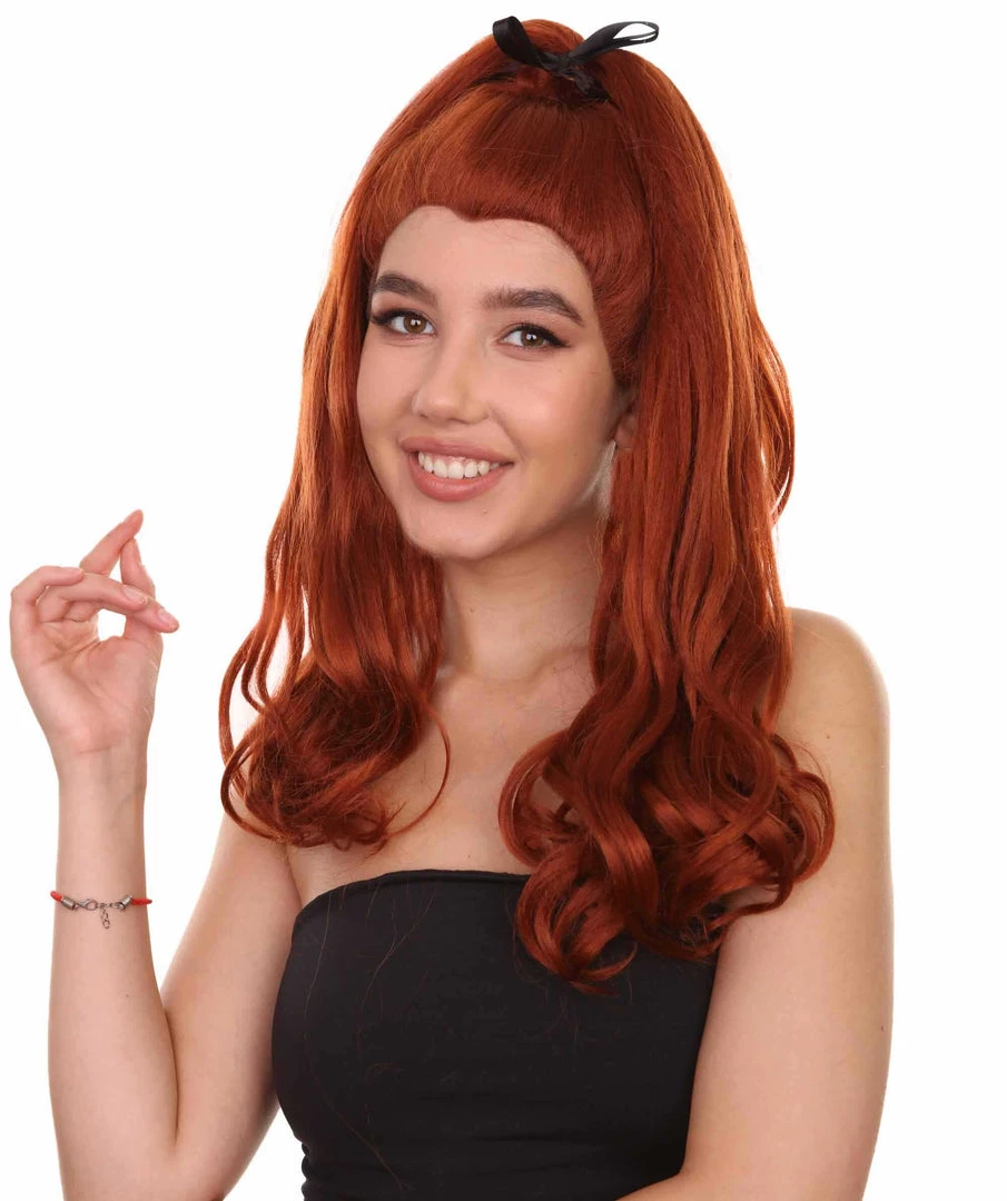 Adult Women's 20" Inch Long Length Wavy 360 Lace Front Natural Red Head Hairline Wig With Black Hair-Bow, 100% Heat Resistant Fibers, Perfect For Your Everyday Wear And Styling To Your Expectations! | Nunique