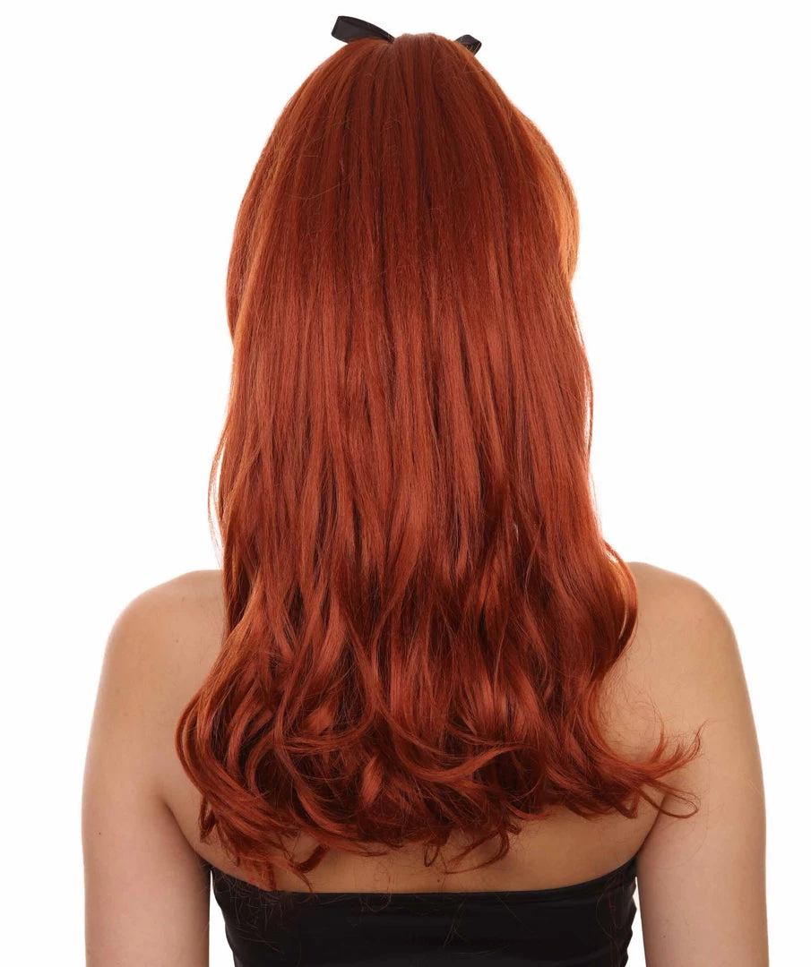 Adult Women's 20" Inch Long Length Wavy 360 Lace Front Natural Red Head Hairline Wig With Black Hair-Bow, 100% Heat Resistant Fibers, Perfect For Your Everyday Wear And Styling To Your Expectations! | Nunique
