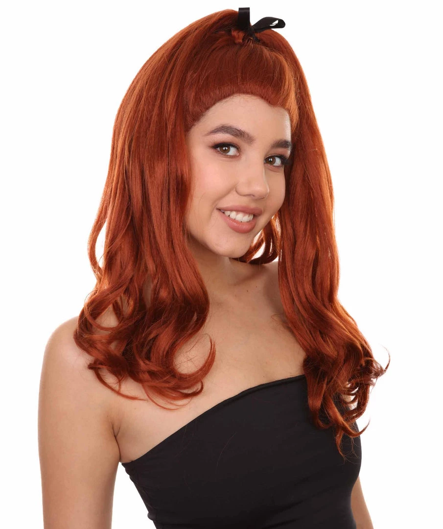 Adult Women's 20" Inch Long Length Wavy 360 Lace Front Natural Red Head Hairline Wig With Black Hair-Bow, 100% Heat Resistant Fibers, Perfect For Your Everyday Wear And Styling To Your Expectations! | Nunique