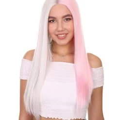 Adult Women's 20" Inch Long Length Straight 4x4 Lace Front Natural 2-Tone Pink White Icon Beauty Wig, 100% Heat Resistant Fibers, Perfect For Your Everyday Wear And Styling To Your Expectations! | Nunique