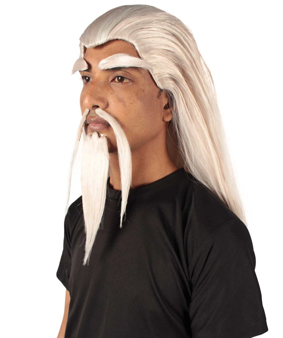 Adult Man's 24" Inch Long Length Halloween Cosplay Anime Animated Master Of Combat Video Game Character Wig, Synthetic Fiber Hair With Eye Brows, Beard And Mustache, | HPO Men's Wigs