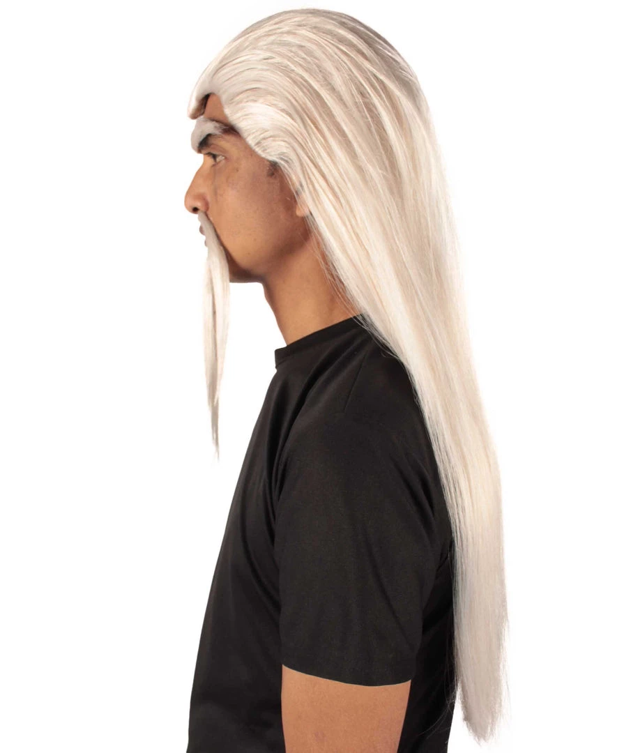 Adult Man's 24" Inch Long Length Halloween Cosplay Anime Animated Master Of Combat Video Game Character Wig, Synthetic Fiber Hair With Eye Brows, Beard And Mustache, | HPO Men's Wigs