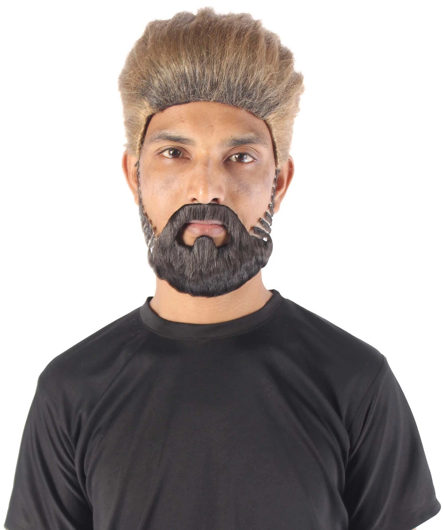 Adult Men's 10" Inch Short Length Straight Halloween Cosplay Pyromaniac Beach Bum Flicker Character Costume Wig, Synthetic Soft Fiber Hair With Black Beard | HPO