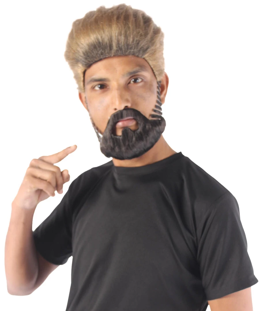 Adult Men's 10" Inch Short Length Straight Halloween Cosplay Pyromaniac Beach Bum Flicker Character Costume Wig, Synthetic Soft Fiber Hair With Black Beard | HPO