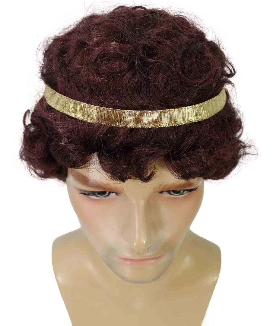 Adult Men's 9" Inch Short Length Curly Brown Halloween Cosplay Anime Heron Costume Wig With Gold Band, Synthetic Soft Fiber Hair, Perfect For Your Next Festival And Group Anime Party! | HPO