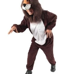 HPO Men's Adult Unisex Brown & White Straight Long Jumpsuit Lion Costume Bundle