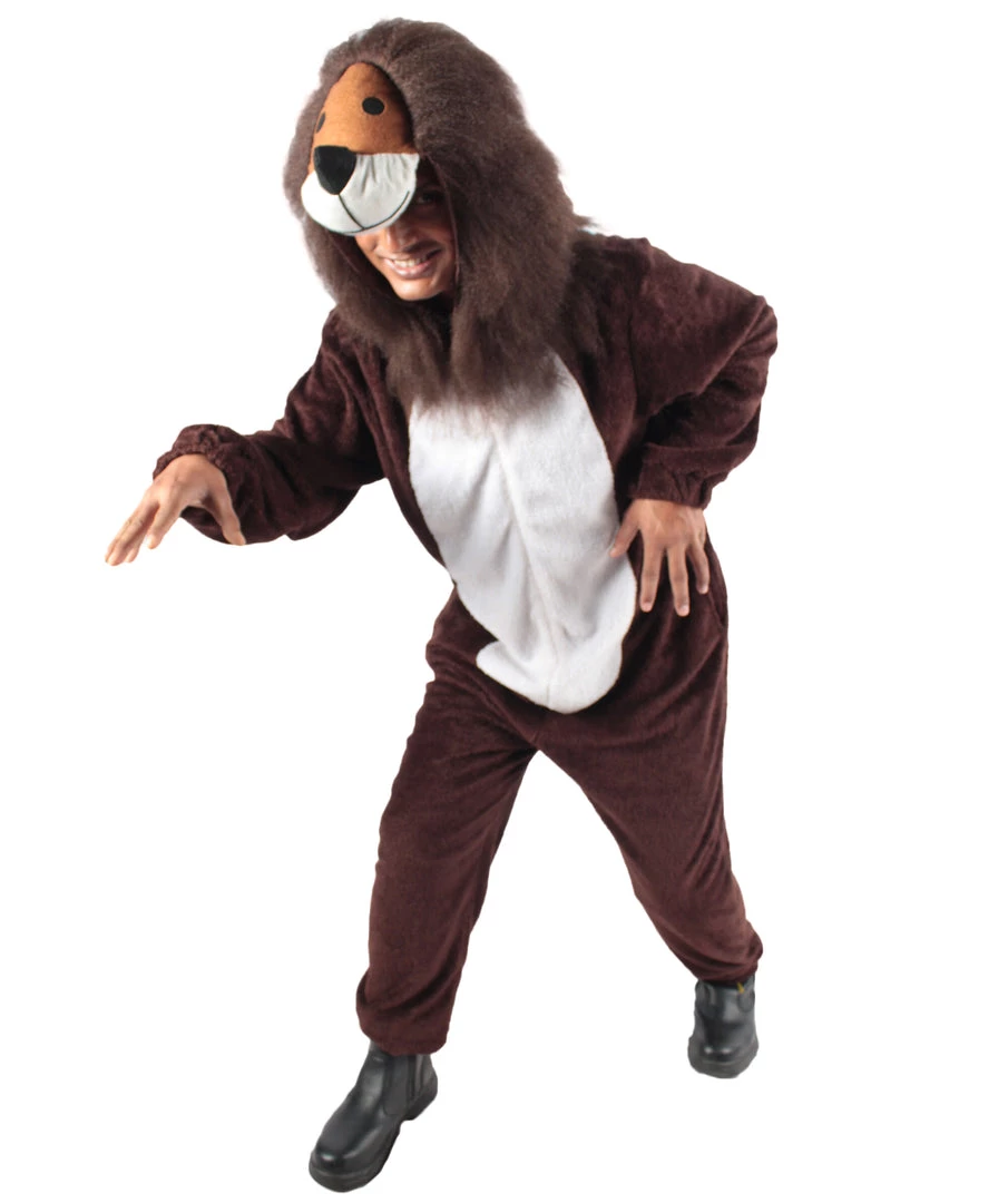 HPO Men's Adult Unisex Brown & White Straight Long Jumpsuit Lion Costume Bundle