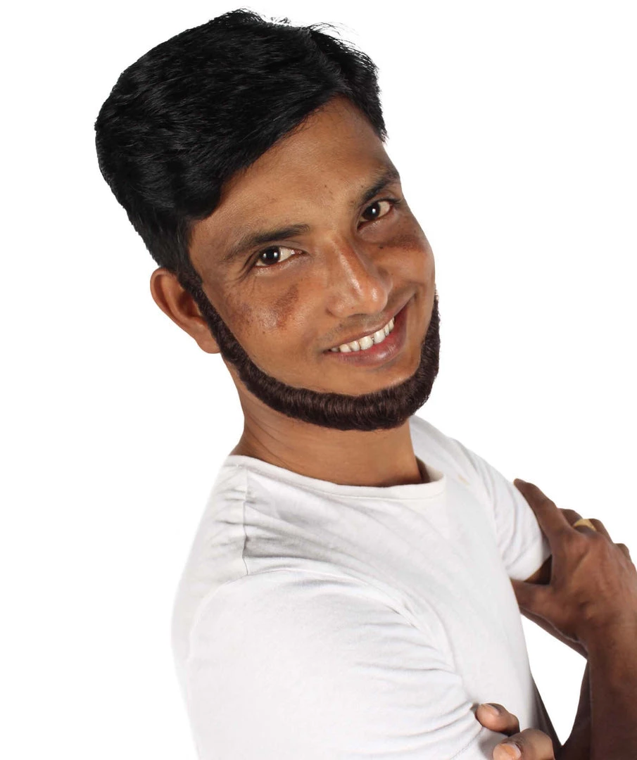 HPO Adult Men's Short Dark Brown Chinstrap False Beard, High Quality Synthetic Fiber