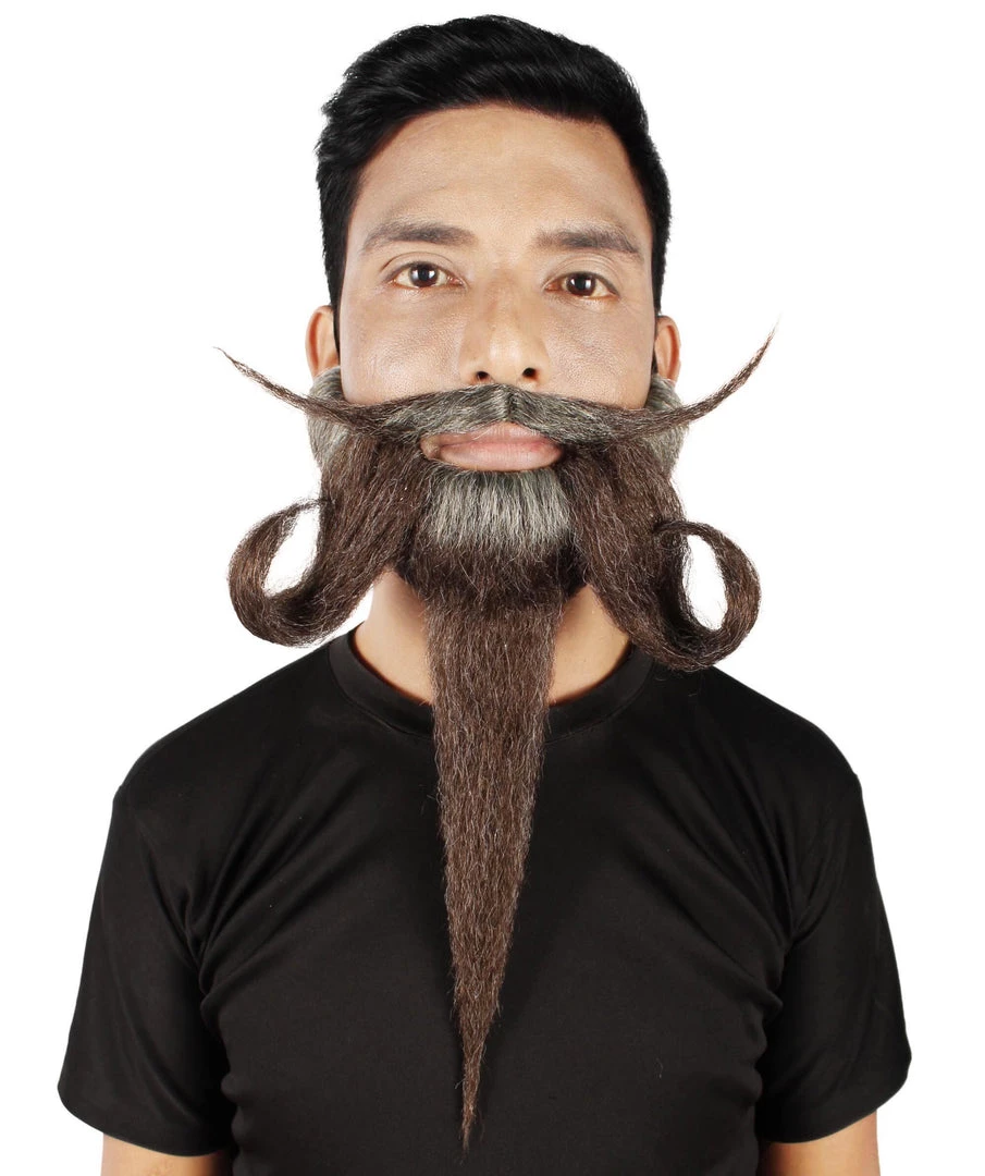 HPO Adult Men's Giant Grey & Brown TriCup Wizard Champion Mustache And Beard