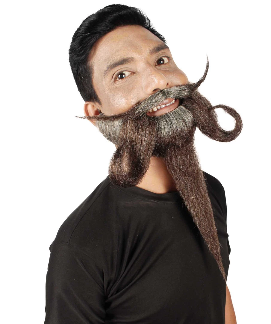 HPO Adult Men's Giant Grey & Brown TriCup Wizard Champion Mustache And Beard