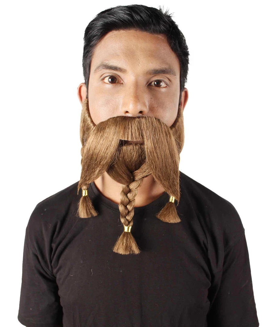 HPO Adult Men's Auburn Brown Braided Vikings Beard And Mustache