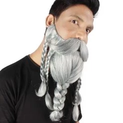 HPO Adult Men's Ash Grey Braided Vikings Beard And Giant Mustache
