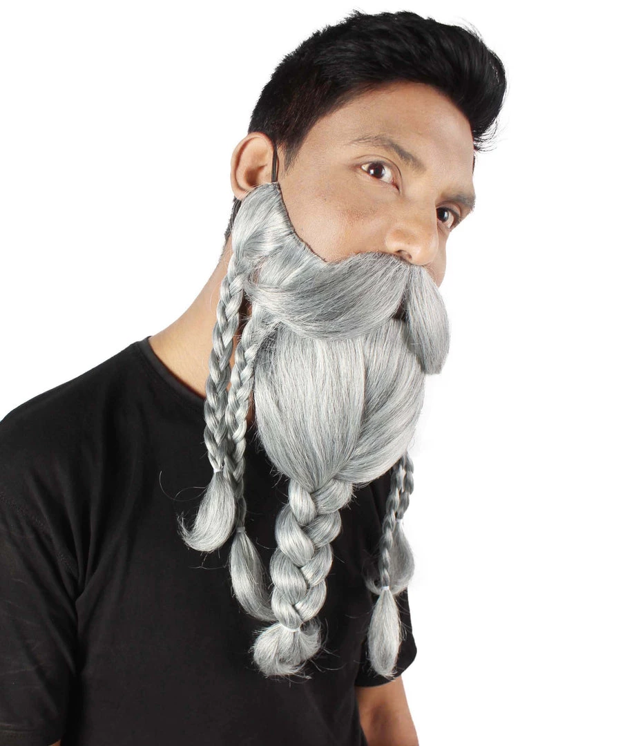 HPO Adult Men's Ash Grey Braided Vikings Beard And Giant Mustache
