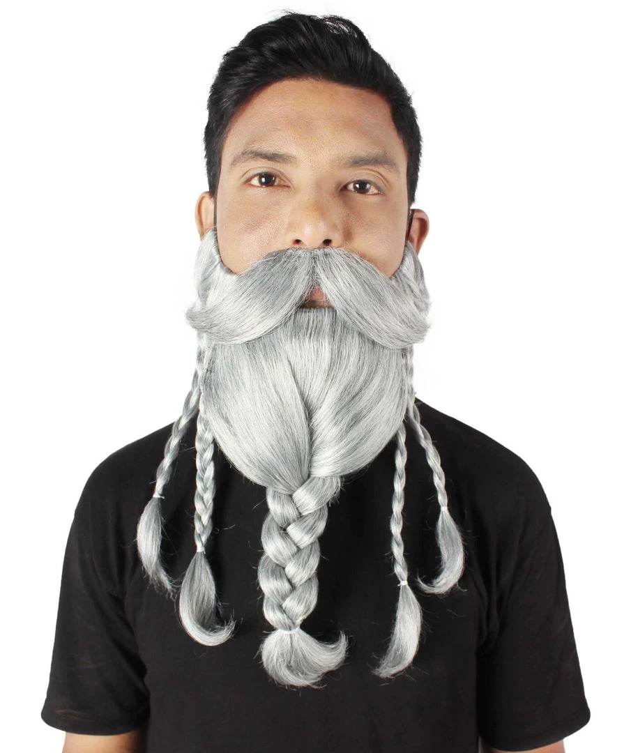 HPO Adult Men's Ash Grey Braided Vikings Beard And Giant Mustache