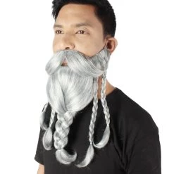HPO Adult Men's Ash Grey Braided Vikings Beard And Giant Mustache