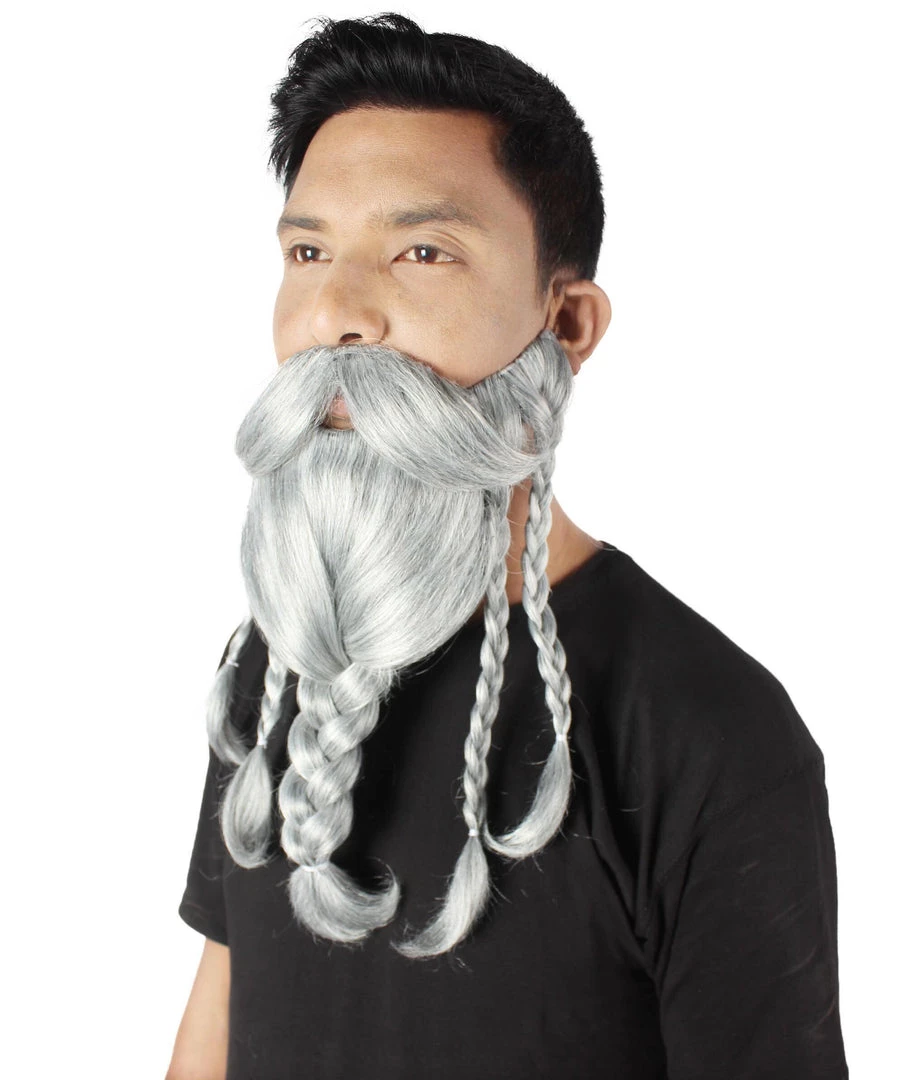 HPO Adult Men's Ash Grey Braided Vikings Beard And Giant Mustache