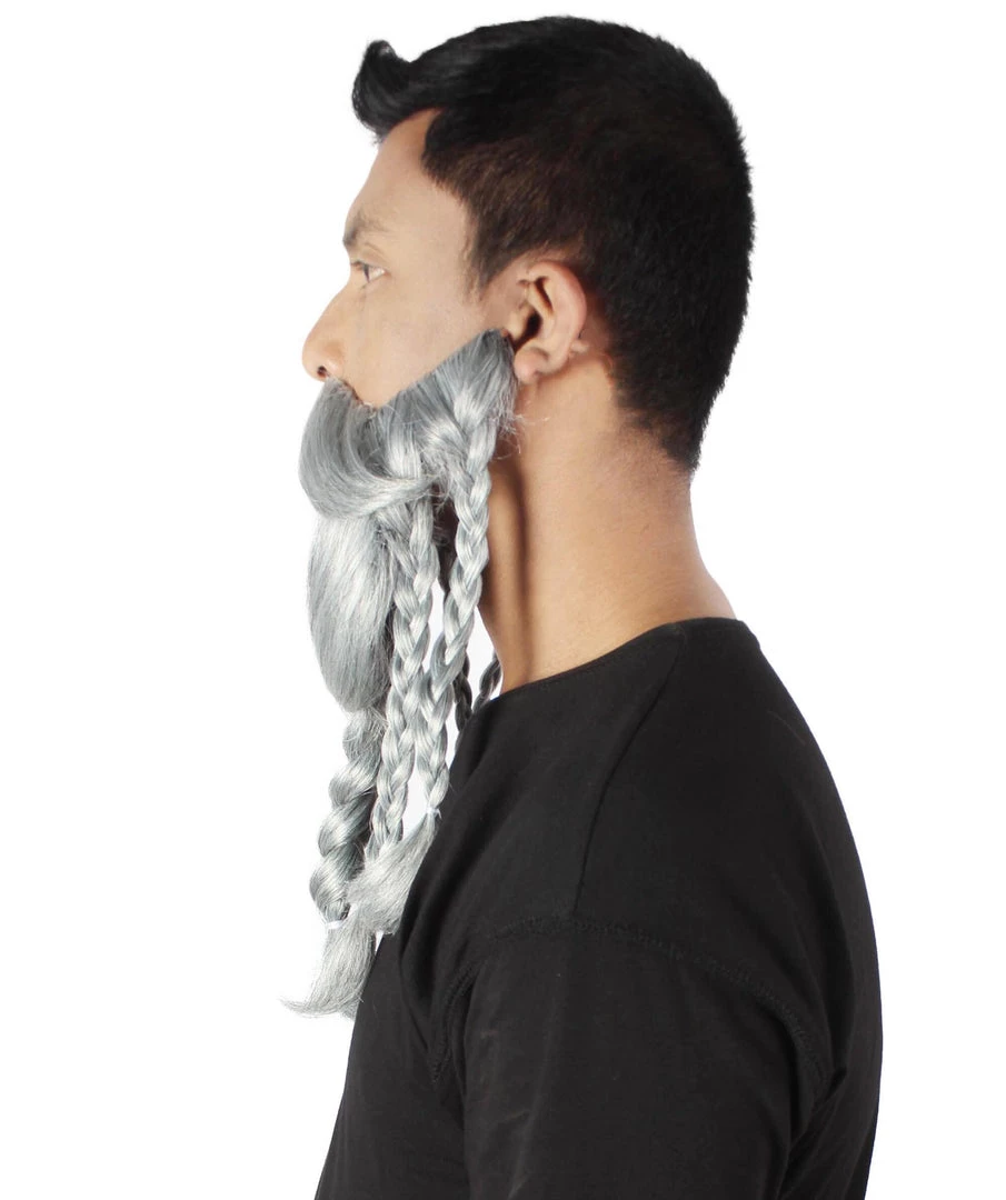 HPO Adult Men's Ash Grey Braided Vikings Beard And Giant Mustache