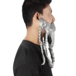 HPO Adult Men's Ash Grey Braided Vikings Beard And Giant Mustache