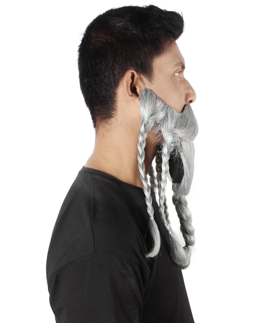 HPO Adult Men's Ash Grey Braided Vikings Beard And Giant Mustache