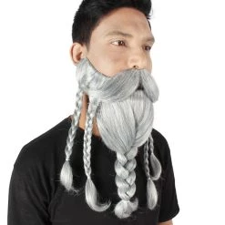 HPO Adult Men's Ash Grey Braided Vikings Beard And Giant Mustache